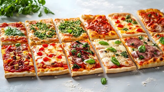Diverse Roman-Style Pizza Al Taglio Slices with Vibrant Toppings on Bright Background