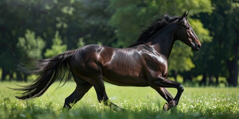 Majestic Arabian horse gracefully striding across lush green grass showcasing regal elegance and strength with taut well defined muscles and dark mane and tail