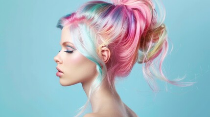 Naklejka premium portrait of a woman with colorful hair on light color background