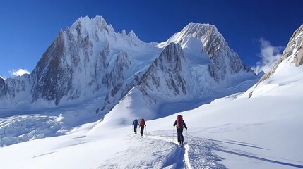 Scenic view of Mont Blanc's summit and north face, including the Dome de Goûter and the intricate maze of ice and seracs on the Bossons Glacier. Ski touring routes lead towards the Gands Mulets hut.