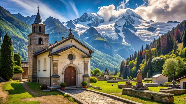 The stock photo showcases the picturesque church of the cemetery of Macugnaga with the magnificent Monte Rosa mountain as a backdrop creating a stunning panoramic view, architecture