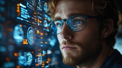 A man looking at a holographic AR display of financial transactions and banking data, powered by AI.