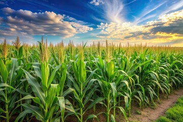 countryside, farming, blue sky, growth, scenery, plants, A panoramic view of a lush corn field in full bloom during the summer with rows of tall stalks stretching towards the horizon
