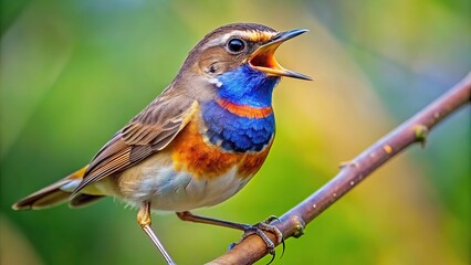 Fototapeta premium attractive, An extreme close up stock photo of a blue throated Luscinia svecica singing on a branch capturing the intricate details of its feathers beak and vibrant coloration