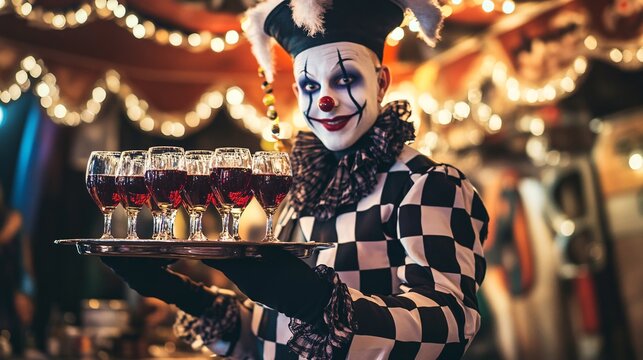 A cheerful clown presenting a tray of colorful drinks against a festive backdrop, perfect for party and celebration themes halloween.