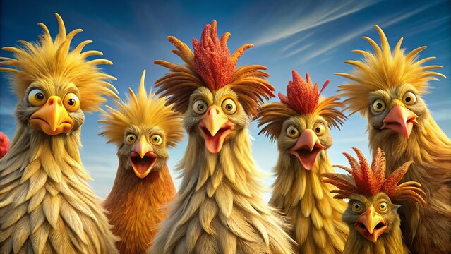 Comically majestic fowl sport vibrantly colored feathers, topsy-turvy hairstyles, and dramatic wing flourishes, as if