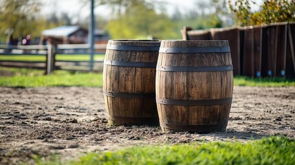 Two brown wooden barrels positioned in an equestrian outdoor arena, set up for a trail competition.
