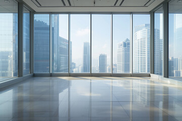 Background image of blue office building glass windows with skyscrapers in the background