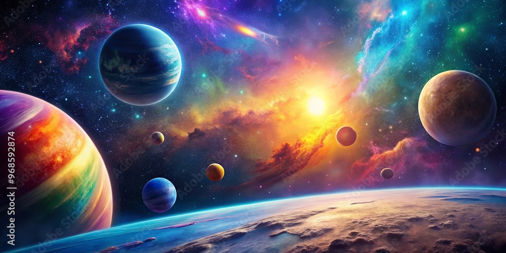 Poster vibrant space scene with colorful sky and planets in background