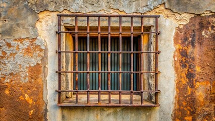 Obraz premium A window with iron bars is visible through a rusted metal wall creating a high angle perspective, confinement, grunge, abstract, deteriorated, industrial, high angle, architecture, gloomy