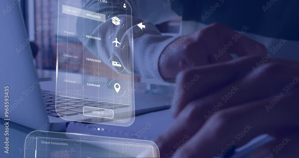Poster animation of data processing over caucasian man taking notes