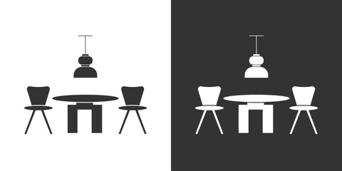 Furniture interior black and white icon with two chair, coffee table and chandelier
