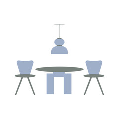 Furniture flat bicolor icon with two chairs, coffee table and chandelier. Living room interior concept.