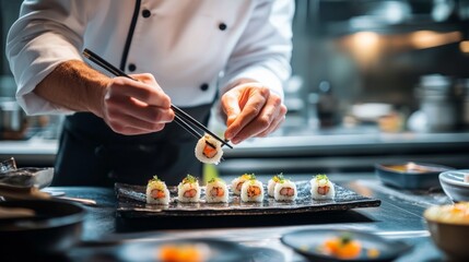 Fototapeta premium A chefs hand using chopsticks to pick up sushi rolls, preparing for the perfect plating at a fine dining restaurant