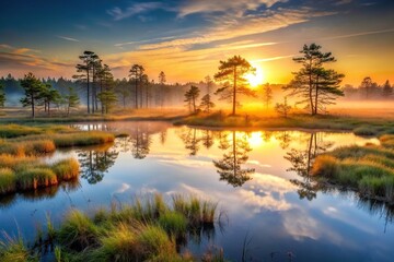 Obraz premium Enchanting marsh surface in the soft light of the rising sun reflected, idyllic, atmospheric, environment, tranquility, peaceful, flora, wetland, enchanting, reeds, outdoors, wildlife,marsh