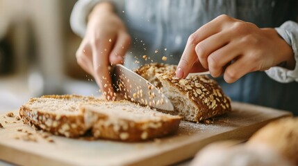 A woman slicing through fresh bread, hands focused on the action, with crumbs scattering onto the cutting board