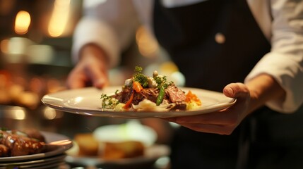 A server presenting a dish, with hands holding the plate just above the table, ready to serve a customer