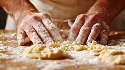 A bakers hands rolling out pastry dough on a wooden surface, flour lightly dusting the table and hands