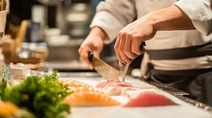 Fototapeta premium A chefs hands slicing through a fresh fish, preparing sashimi on a clean, organized countertop
