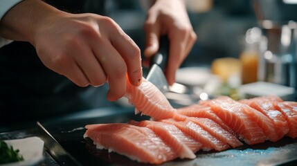 A chefs hands slicing through a fresh fish, preparing sashimi on a clean, organized countertop