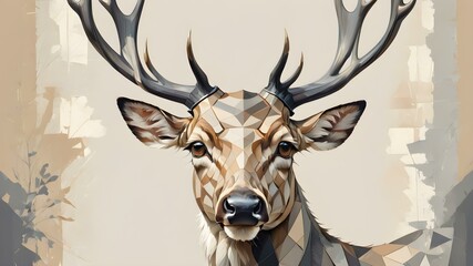 Cubist-style deer head with shades of gray on a light beige background