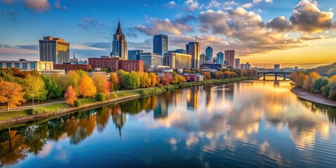 Naklejka premium A serene view of the Cumberland River flowing through Nashville Tennessee during a crisp fall morning, serene, calm, stock image, flowing, fall, river, autumn, reflection, landscape