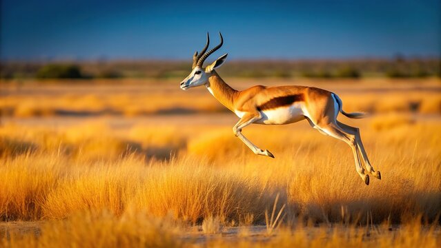 A photo of a majestic Springbok antelope pronking in the vast landscape of the Central Kalahari Aerial, energetic, breathtaking, leaping, wild creature, nature, magnificent
