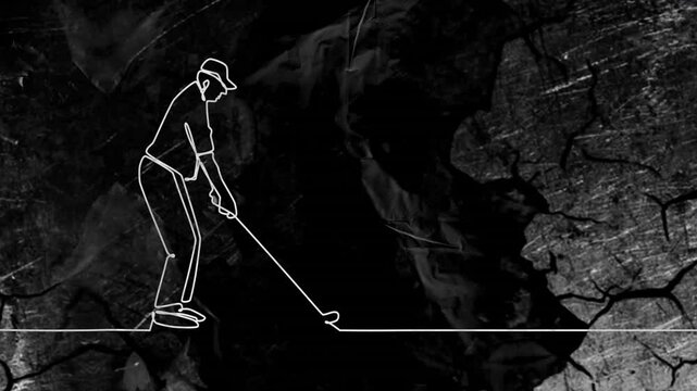 Animation of drawing of golf player playing golf on black background
