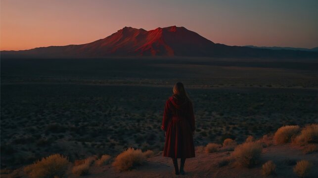 Moody Film Still: Epic Red Landscape and Silhouette Shot in Ron Fricke's Style