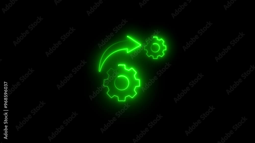 Poster moving glowing neon gears and arrows showing recycling animation on black background. green color gl