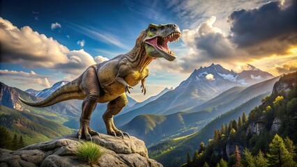 breathtaking, Jurassic, overlooking, extinct, mountain, concept, powerful, A majestic Tyrannosaurus Rex stands on top of a rocky mountain overlooking a breathtaking panoramic view