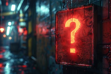 A glowing red question mark sign on a rainy cyberpunk street.