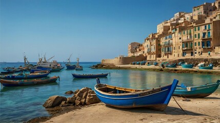 Fototapeta premium An Impressionist Snapshot of Coastal City Life with Blue Boats