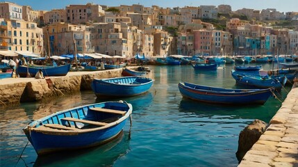 Fototapeta premium Vibrant Blue Boats and Coastal Life in Impressionist Style