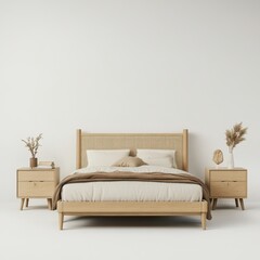 A minimalist bedroom featuring a wooden bed and nightstands with decorative plants.