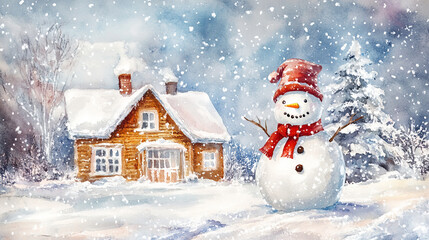 Winter holiday background banner cute snowman Merry christmas and happy new year