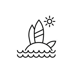 surfboards stuck in the sand on a beach on an island with the sun shining brightly icon, Summer Vacation Holiday
