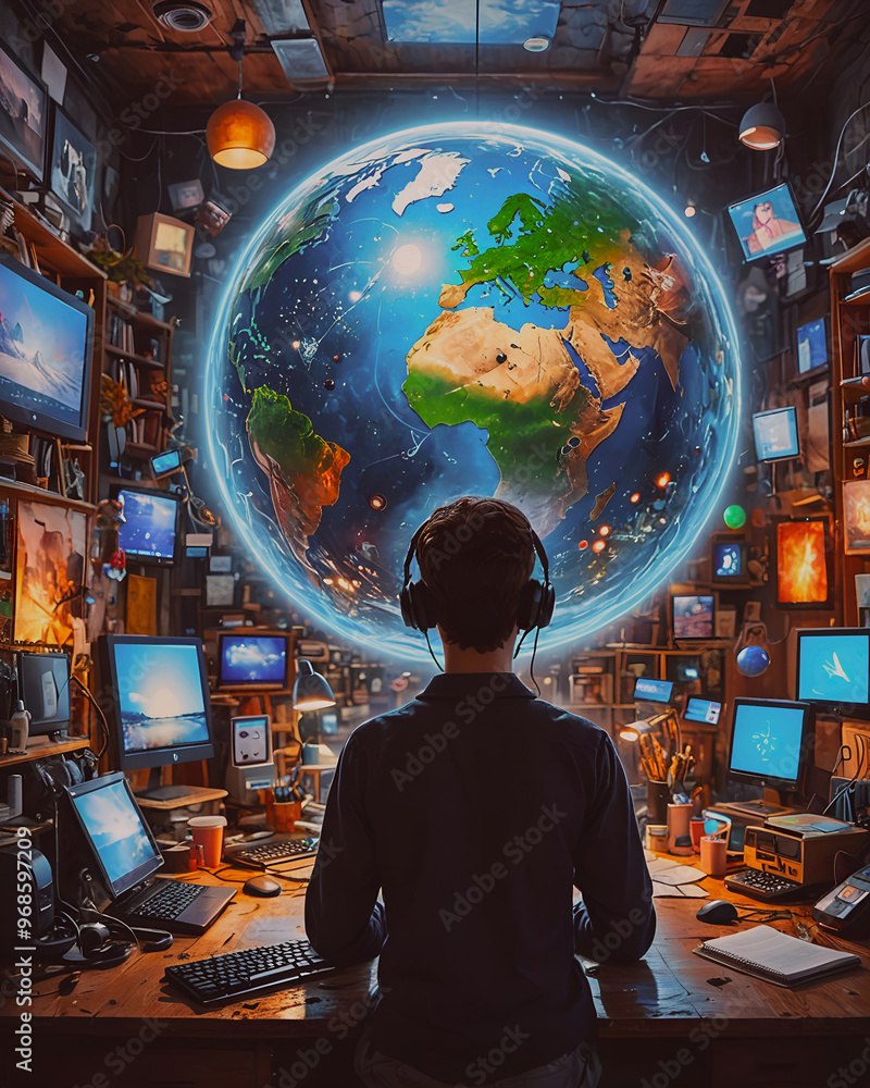 Poster back view of young man in headphones listening to music while sitting in front of the planet earth i