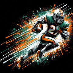 American football player running with intense energy and colorful splashes

