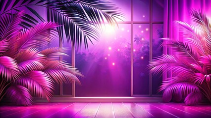 Vibrant pink and purple background with shadows of windows, flowers, and palm leaves in a room setting for a summer concert presentation. Blurred background adds a dreamy feel