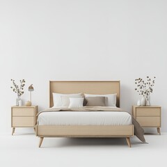 A minimalist bedroom featuring a wooden bed, nightstands, and decorative plants.