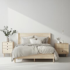 A minimalist bedroom featuring a wooden bed, soft bedding, and nightstands with decor.