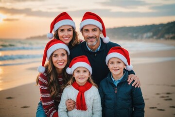 lifestyle family portrait on ocean beach in christmas santa claus red hats caps