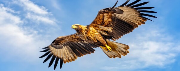 Golden eagle soaring against a blue sky