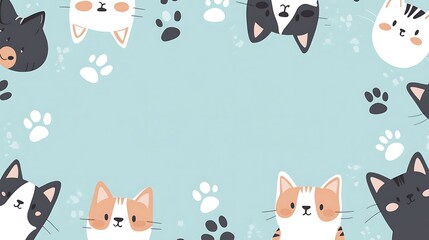 Obraz premium Cute Cartoon Cats and Paw Prints on a Light Blue Background