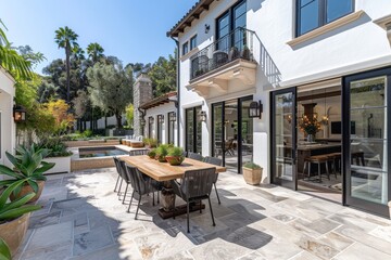 Elegant Outdoor Dining Area with Wooden Table and Black Chairs, Surrounded by Potted Plants, on Patio of Stylish Los Angeles Home with Light Grey Stone Floor and French Doors
