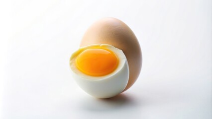 white background, Half of a chicken egg isolated on a white background with a minimalist approach featuring a smooth surface and a clear division between the yolk and the egg white