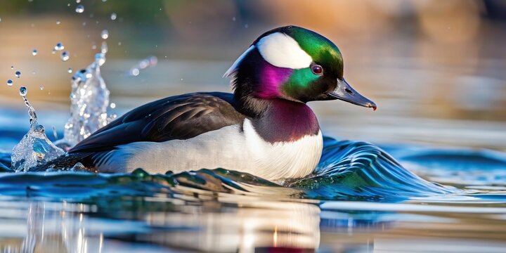 A photo showcasing a bufflehead duck dramatically raising out of the water using forced perspective to create a dynamic effect, bird, outdoor, reflection, aquatic bird, jumping, wings
