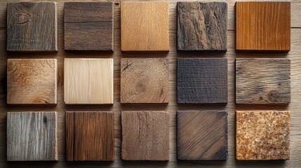 Obraz premium Close-up of various rough oak wood swatches, each showcasing distinct rustic textures and grain patterns, arranged on a neutral background with subtle lighting