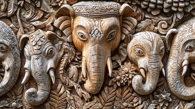 A detailed view of elaborate woodwork illustrating the bond between humanity and the natural world through animistic motifs.